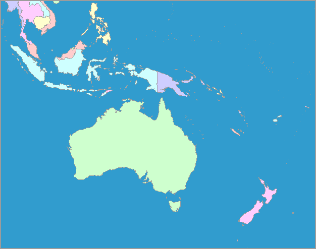 Australia and neighboring countries of southeast Asia, and their capitals, in the Pacific and India Oceans.