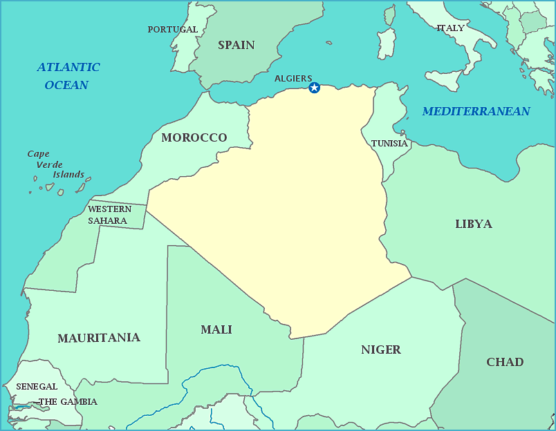 Algeria map, Map of Algeria, Morocco, Libya, Niger, Mali, Tunisia, Atlantic Ocean, Mediterranean Sea