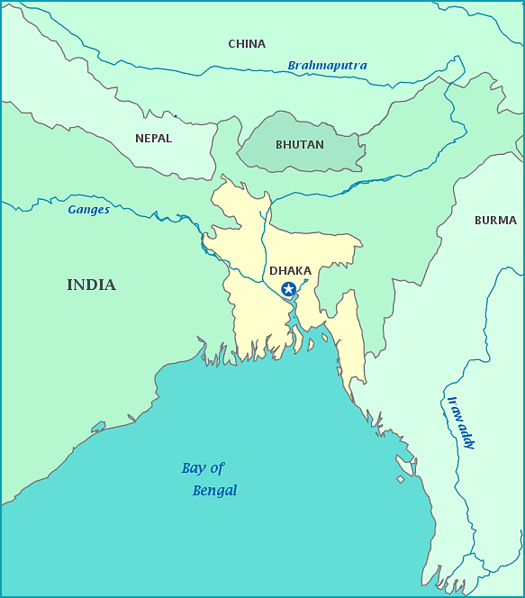 Map of Bangladesh, India, Nepal, Bhutan, Burma, Bay of Bengal