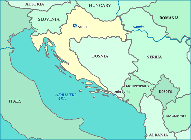Map of Croatia, Serbia, Bosnia, Montenegro, Slovenia, Adriatic Sea