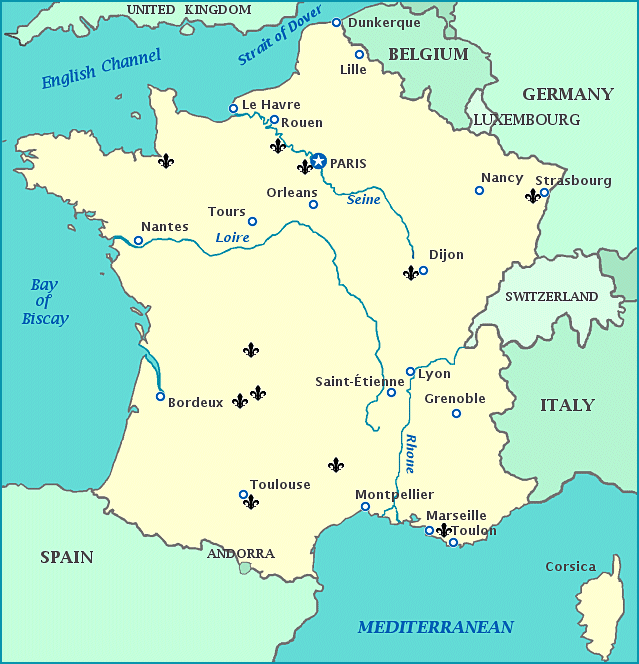 Map of France, showing intriguing sites important in European history or the production of specialized gourmet foods .