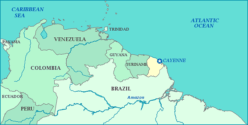 Map of French Guiana, Brazil, Colombia, venezuela, Guyana, Suriname, Atlantic Ocean, Caribbean Sea