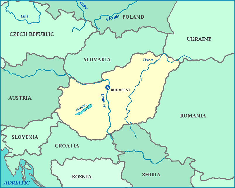 Map of Hungary, Slovakia, Romania, Croatia, Slovenia, Austria, Czech Republic