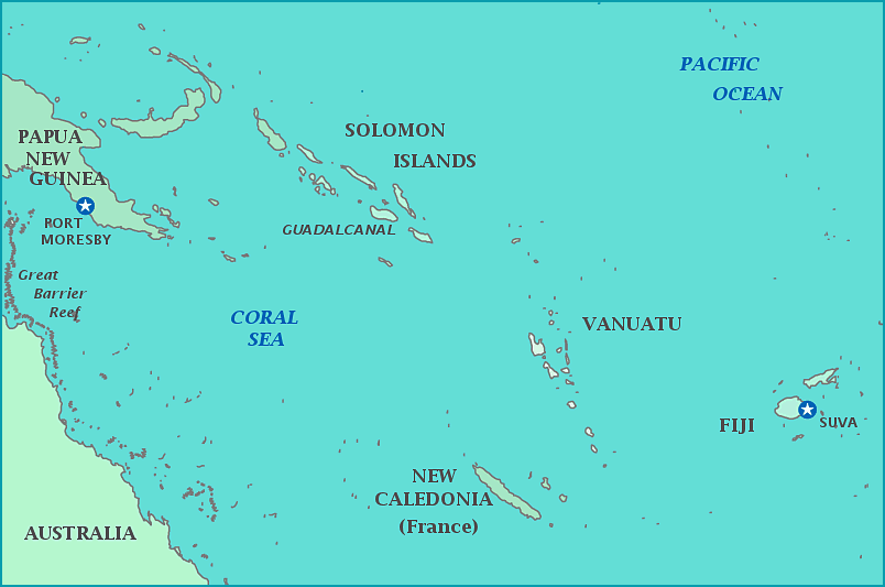 Map of South Pacific Islands, Solomon Islands, Vanuatu, Fiji, New Caledonia, Papua New Guinea, Australia