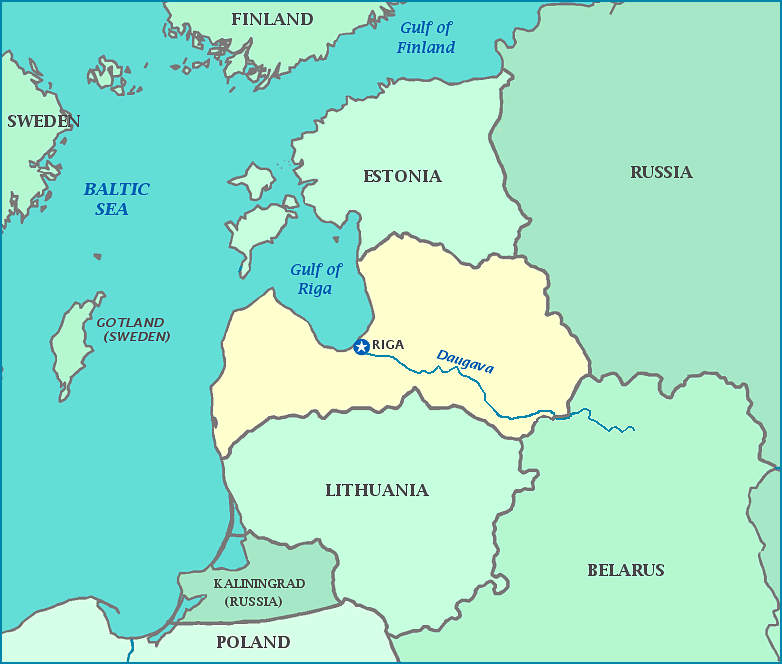 Map of Latvia, Estonia, Russia, Belarus, Lithuania, Kaliningrad, Baltic Sea