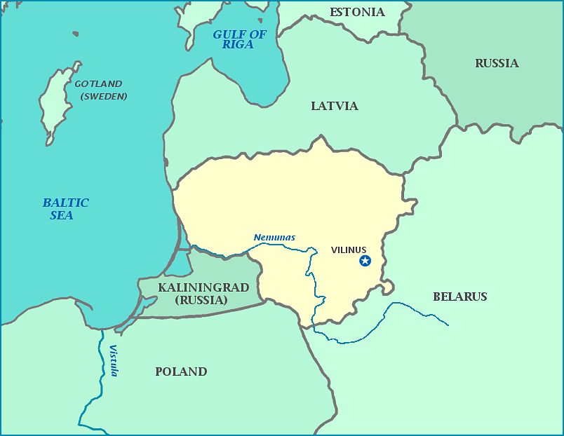 Map of Lithuania, Latvia, Belarus, Kaliningrad, Poland, Baltic Sea