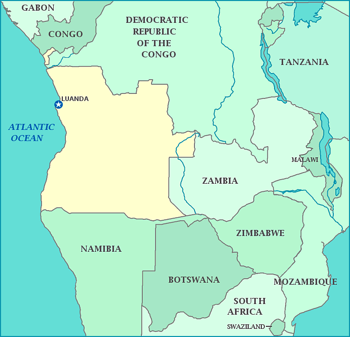 Angola map, Map of Angola, Congo, Democratic Republic of the Congo, Zambia, Botswana, Namibia, Atlantic Ocean