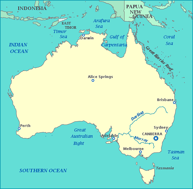 Map of Australia, Papua New Guinea, Tasmania, Indonesia, Great Barrier Reef