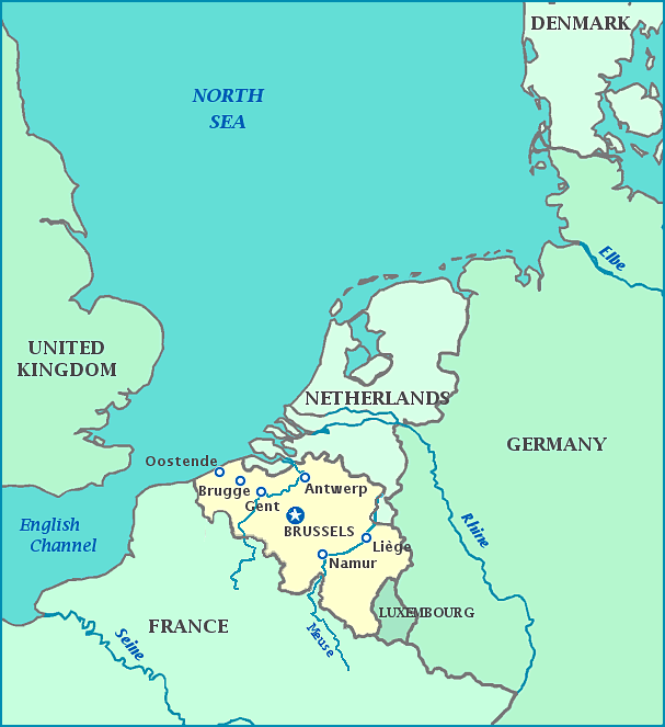 Map of Belgium, Germany, United Kingdom, Denmark, Netherlands, France, Luxembourg, North Sea
