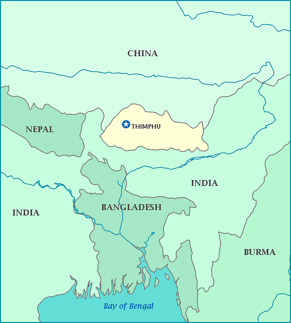 Map of Bhutan, Thimphu, India, China, Burma
