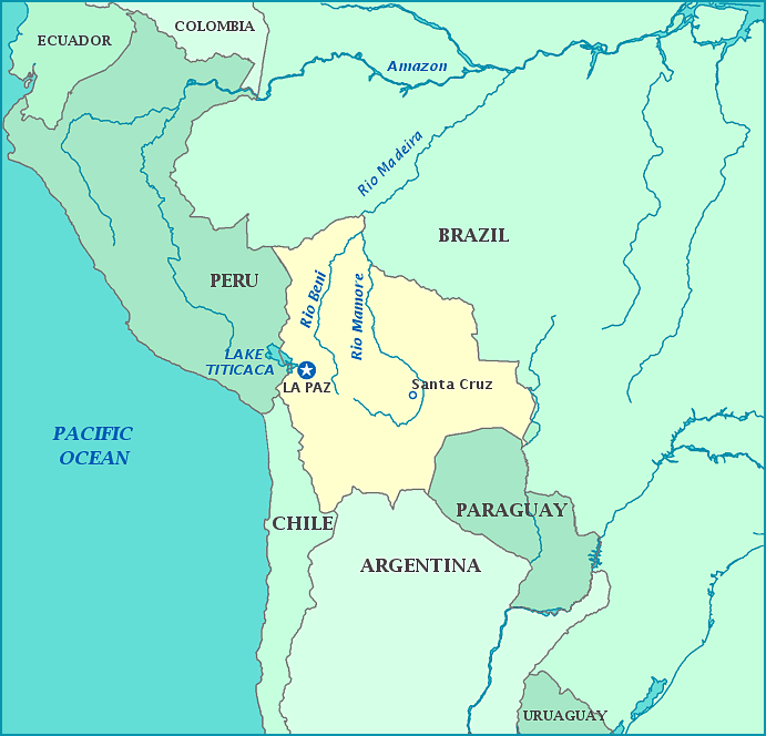 Map of Bolivia, Peru, Brazil, Paraguay, Argentina, Chile, Atlantic Ocean