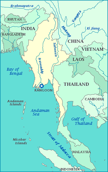 Map of Burma, India, China, Thailand, Bangladesh, Bay of Bengal