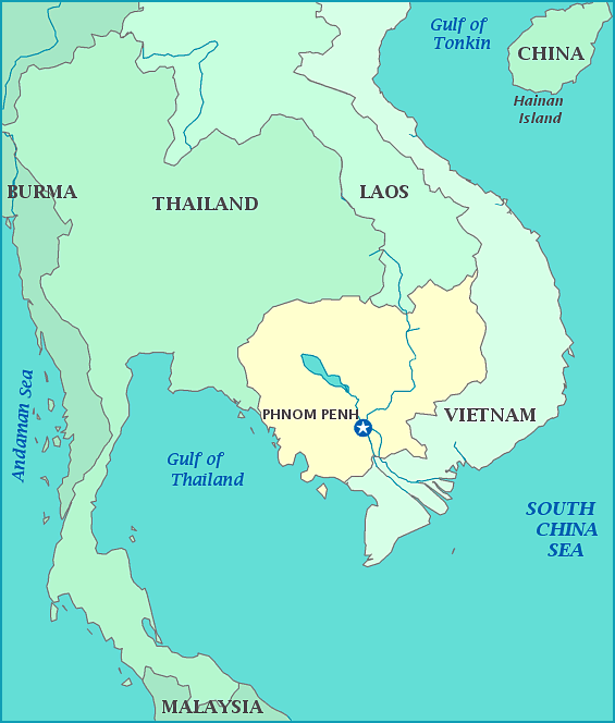 Map of Cambodia, Laos, Viet Nam, Thailand, South China Sea