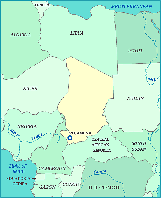 Chad map, Map of Chad, N'djamena, Libya, Sudan, Central African Republic, Cameroon, Nigeria, Niger