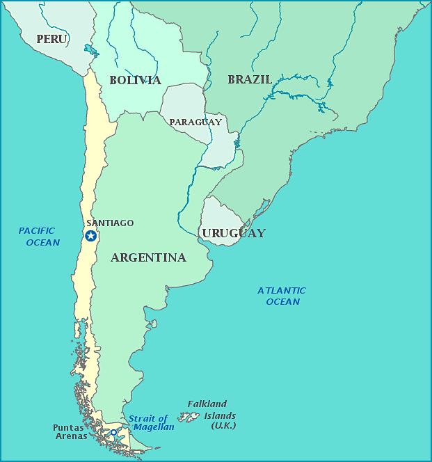 Map of Chile, Peru, Bolivia, Paraguay, Brazil, Uruguay, Argentina, Pacific Ocean