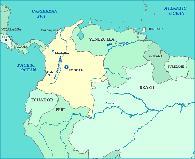 Map of Colombia, Venevuela, Brazil, Peru, Ecuador, Panama, Pacific Ocean, Caribbean Sea