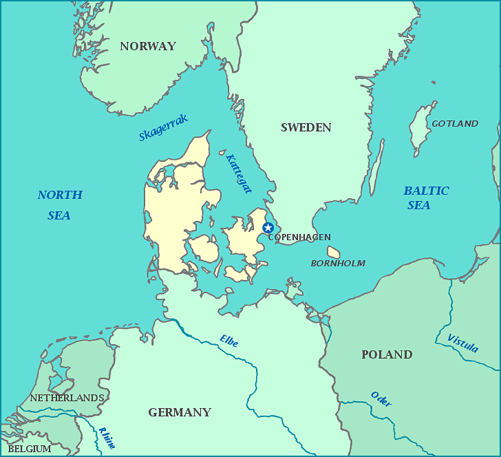 Map of Denmark, Germany, Poland, Norway, Sweden, Netherlands, North Sea, Baltic Sea