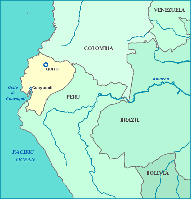 Map of Ecuador, Colombia, Peru, Brazil, Pacific Ocean