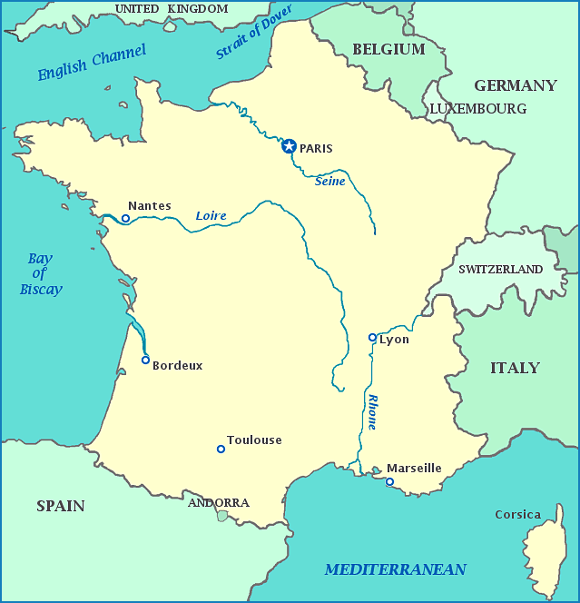 Map of France, Belgium, Germany, Switzerland, Italy, Spain and United Kingdom
