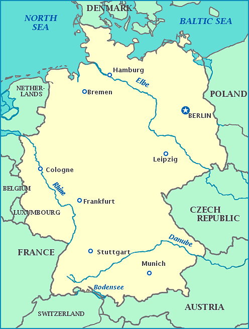 Map of Germany, Switzerland, Czech Republic, Austria, France, Denmark, North Sea