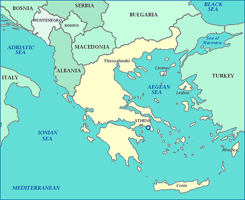 Map of Greece, Albania, Bulgaria, Turkey, Aegean Sea, Mediterranean Sea