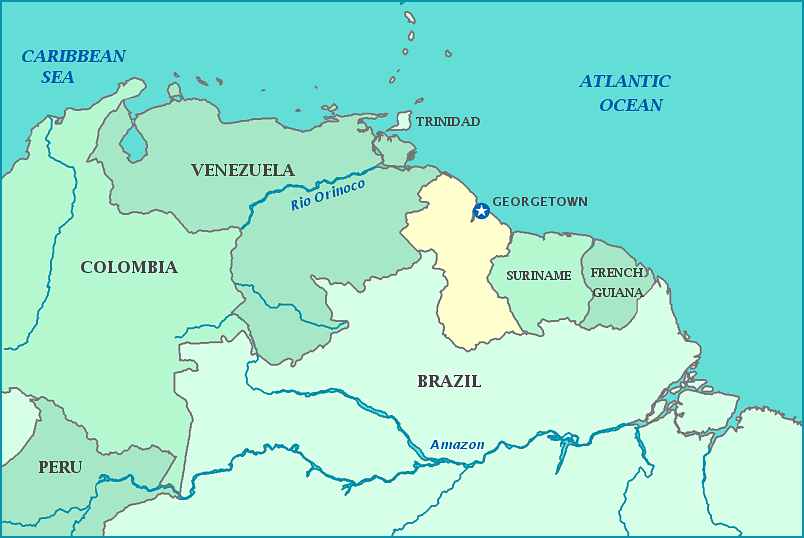 Map of Guyana, Venezuela, Trinidad, Suriname, French Guiana, Brazil, Atlantic Ocean, Caribbean Sea