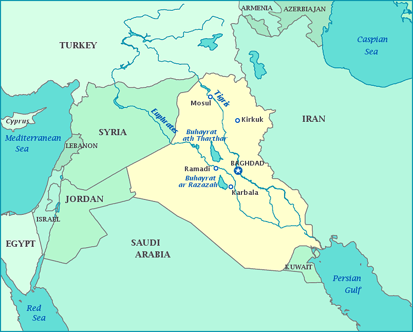 Iraq map, Map of Iraq, Baghdad, Iran, Syria, Turkey, Saudi Arabia, Kuwait, Persian Gulf