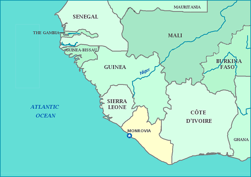 Liberia map, Map of Liberia, Monrovia, Sierra Leone, Guinea, Cote d'Ivoire, Atlantic Ocean