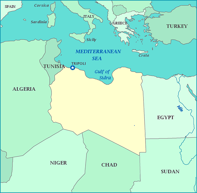 Libya map, Map of Libya, Tripoli, Egypt, Sudan, Chad, Niger, Algeria, Gulf of Sidra, Mediterranean Sea