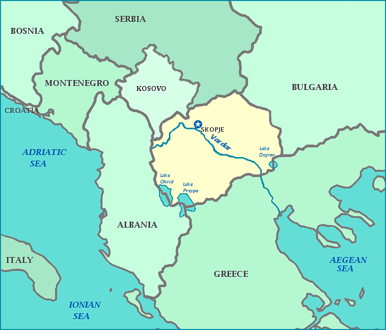 Map of Macedonia, Bulgaria, Greece, Albania, Montenegro, Serbia