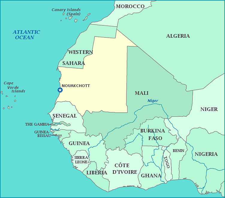 Mauritania map, Map of Mauritania, Nouakchott, Western Shara, Algeria, Mali, Senegal, Atlantic Ocean