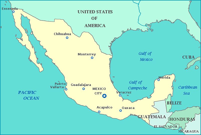 Map of Mexico, United States, Guatemala, Belize, Gulf of Mexico, Gulf of California