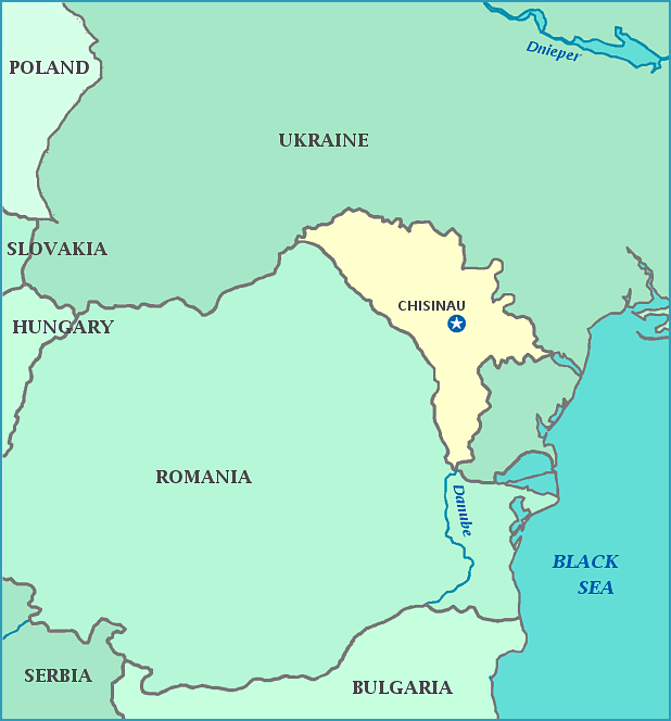 Map of Moldova, Ukraine, Bulgaria, Serbia, Black Sea