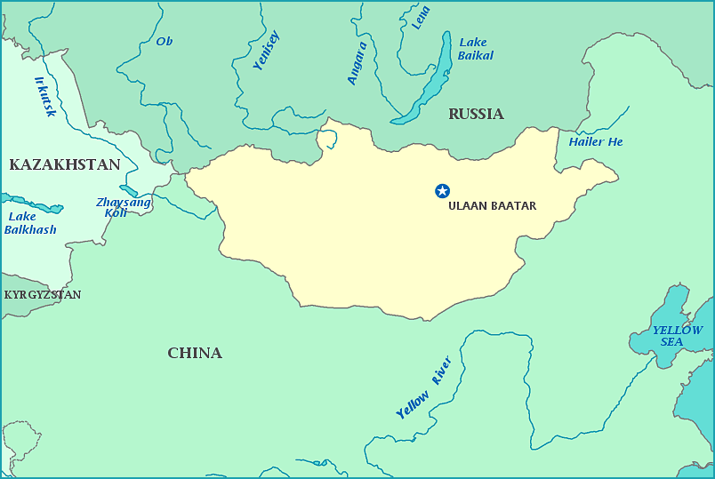 Map of Mongolia, Russia, China, Kazakhstan, Lake Baikal