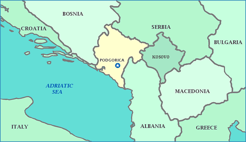 Map of Montenegro, Bosnia, Serbia, Macedonia, Albania, Adriatic Sea