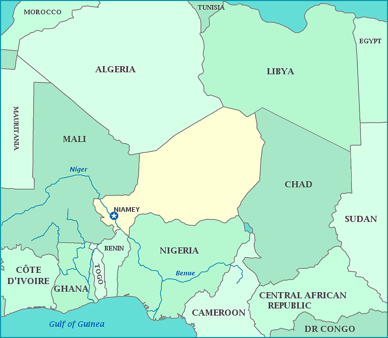 Map of Niger, Algeria, Libya, Chad, Nigeria, Cameroon, Benin, Togo, Ghana, Mali, Gulf og Guinea
