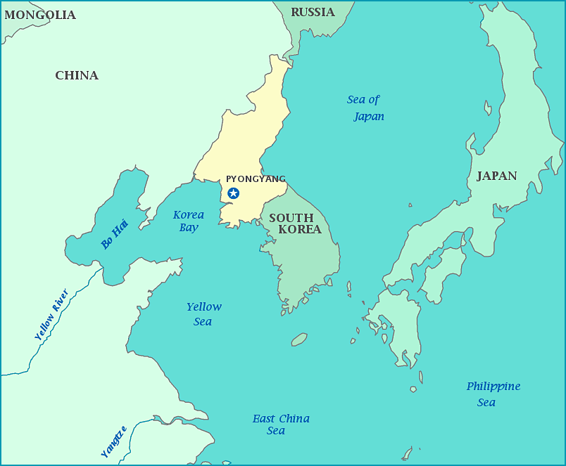 Map of North Korea, Russia, China, South Korea, Japan, Sea of Japan, Yellow Sea, Korea Bay