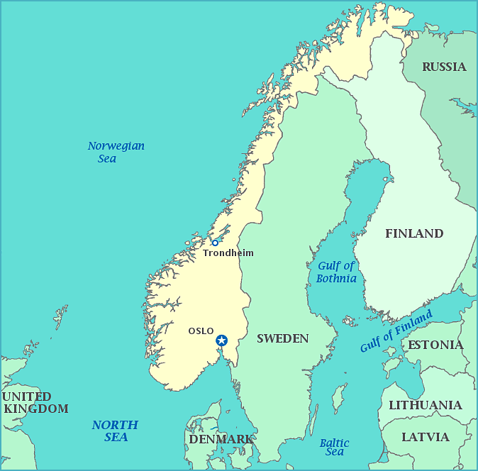 Map of Norway, Sweden, Finland, Denmark, Baltic Sea, North Sea, Norwegian Sea