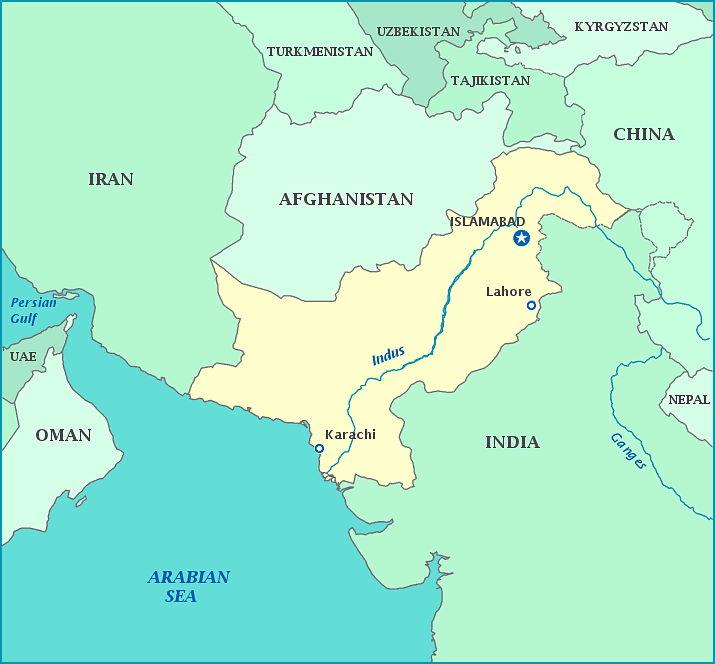 Map of Pakistan, Iran, Afghanistan, China, India, Oman, Arabian Sea