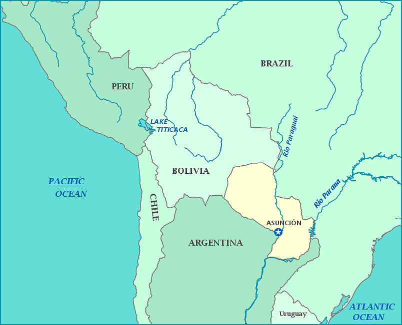 Map of Paraguay, Brazil, Uruguay, Argentina, Bolivia, Chile