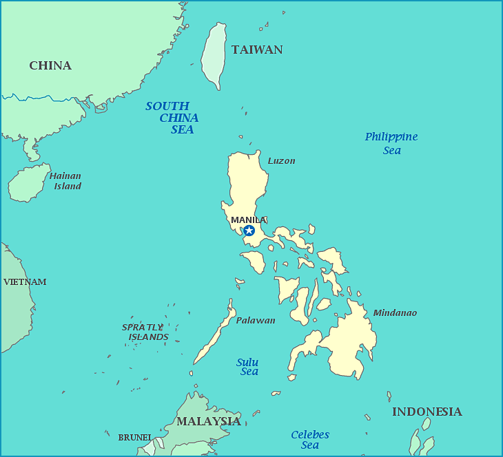 Map of Philippines, China, Taiwan, South China Sea, Malaysia, Spratly Islands, Philippine Sea