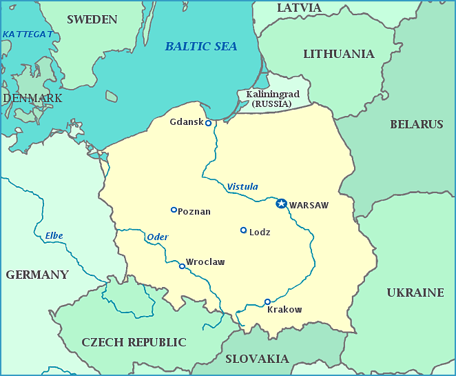 Map of Poland, Germany, Lithuania, Kaliningrad, Belarus, Ukraine, Slovakia, Czech Republic, Baltic Sea