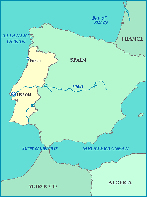 Map of Portugal, Spain, Morocco, France, Atlantic Ocean, Mediterranean Sea