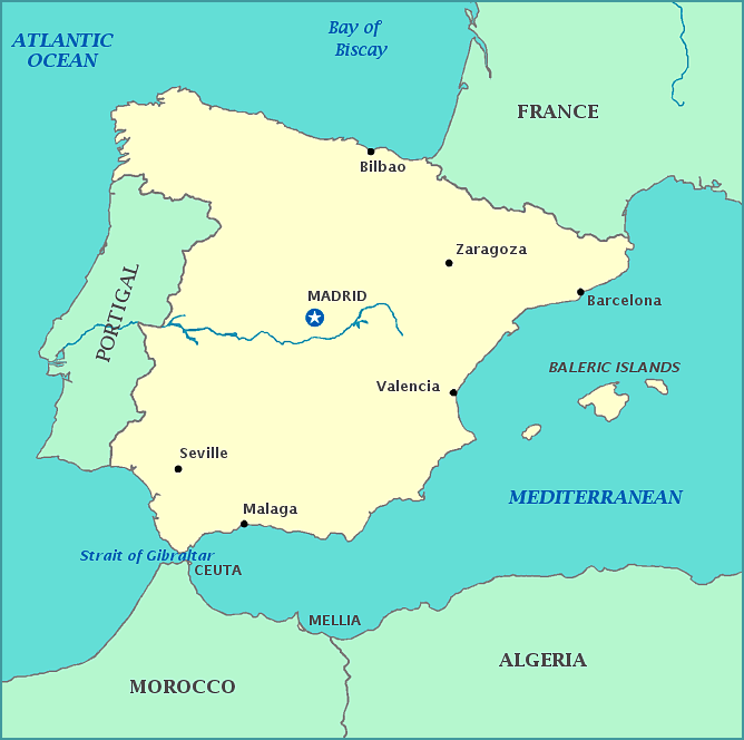 Map of Spain, France, Morocco, Portugal, Mediterranean, Strait of Gibralter, Bay of Biscay