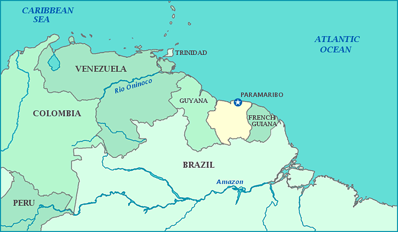 Map of Suriname, Guyana, French Guiana, Brazil, Venezuela, Atlantic Ocean