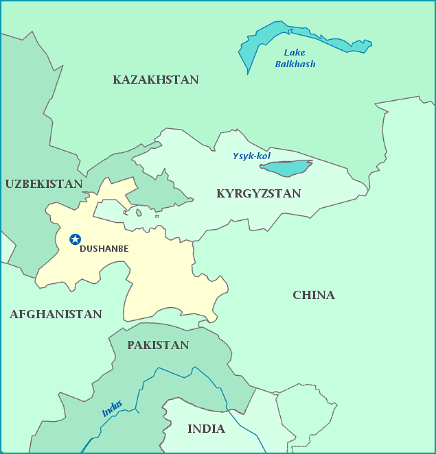 Map of Tajikistan, Kazakhstan, China, Kyrgyzstan, Uzbekistan, Afghanistan, Pakistan, India