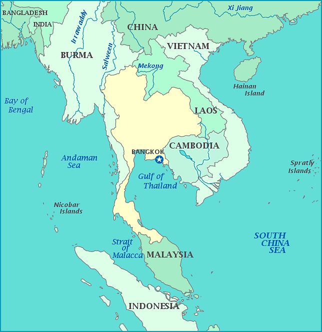 Map of Thailand, Burma, China, Laos, Vietnam, Cambodia, Malaysia, Gulf of Thailand