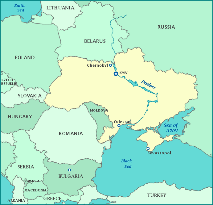 Map of Ukraine, Belarus, Moldova, Romania, Hungary, Slovakia, Poland, Black Sea