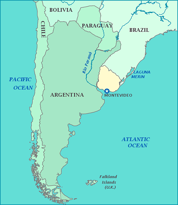 Map of Uruguay, Brazil, Argentina, Chile, Paraguay, Atlantic Ocean