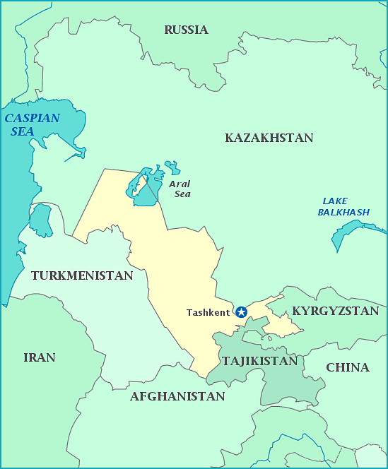 Map of Uzbekistan, Kazakhstan, Turkmenistan, Tajikistan, Afghanistan, Iran, Caspian Sea